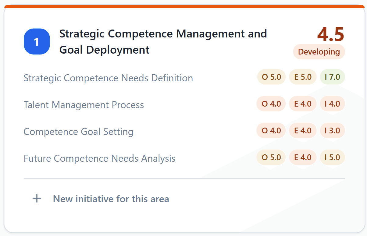 MaturityHR-Dashboard mit den Reifegraden der Kompetenzmanagement-Prozessbereiche